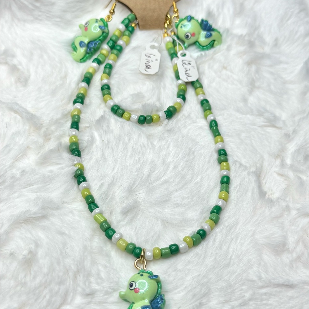 Green Sea Horse Beaded Kids Jewelry Set